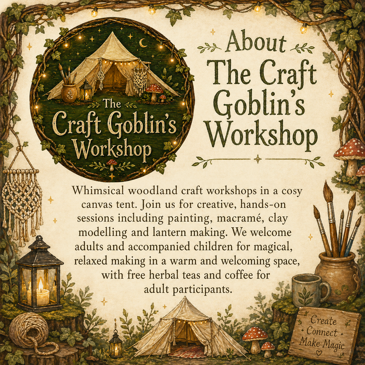 Illustrated poster describing The Craft Goblin's Workshop
