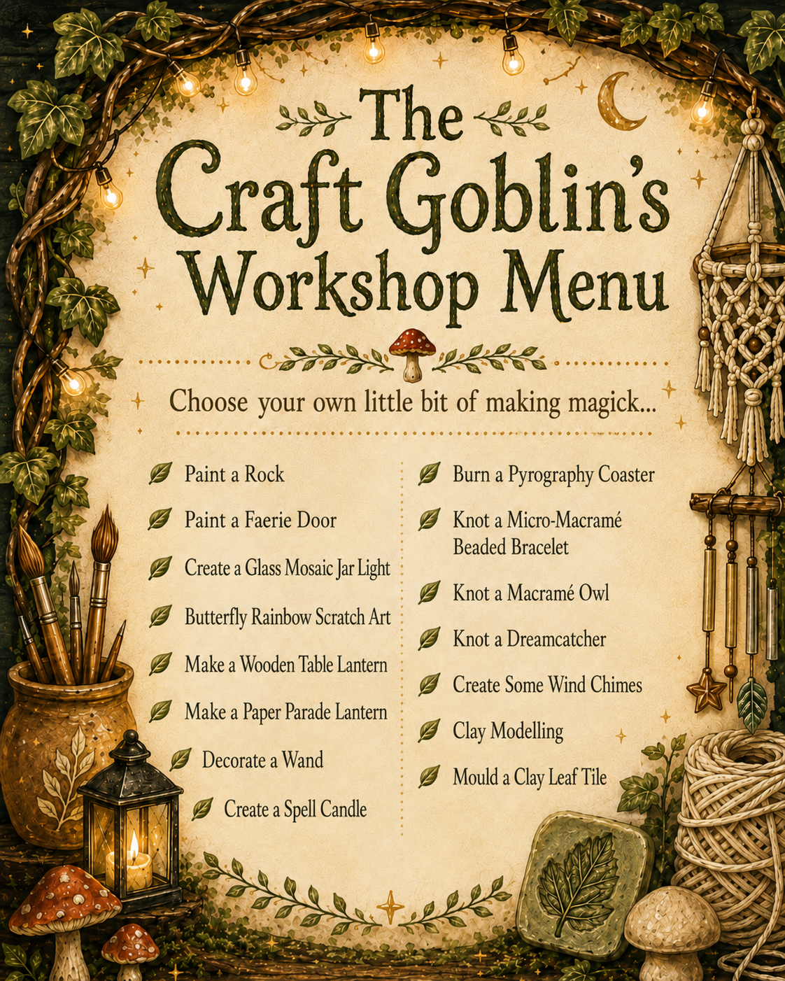 The Craft Goblin's Workshop menu illustrated like a woodland notice board